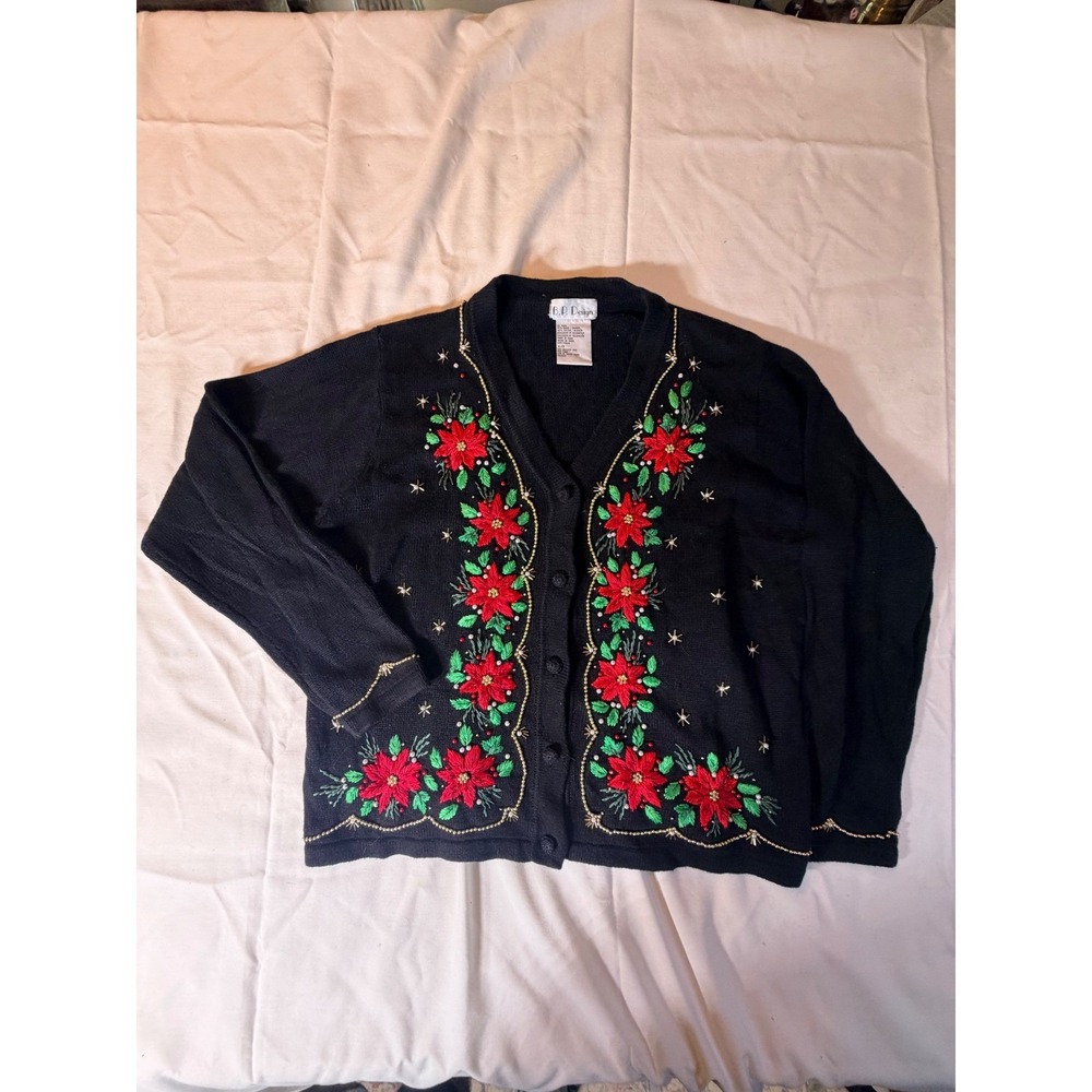 BP Design Christmas Poinsettia Cardigan Sweater Black Beaded Floral Vintage Lg